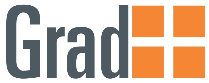 The image shows the word Grad on yhe left, written in gray and four squares, forming a larger one, on the right, in orange